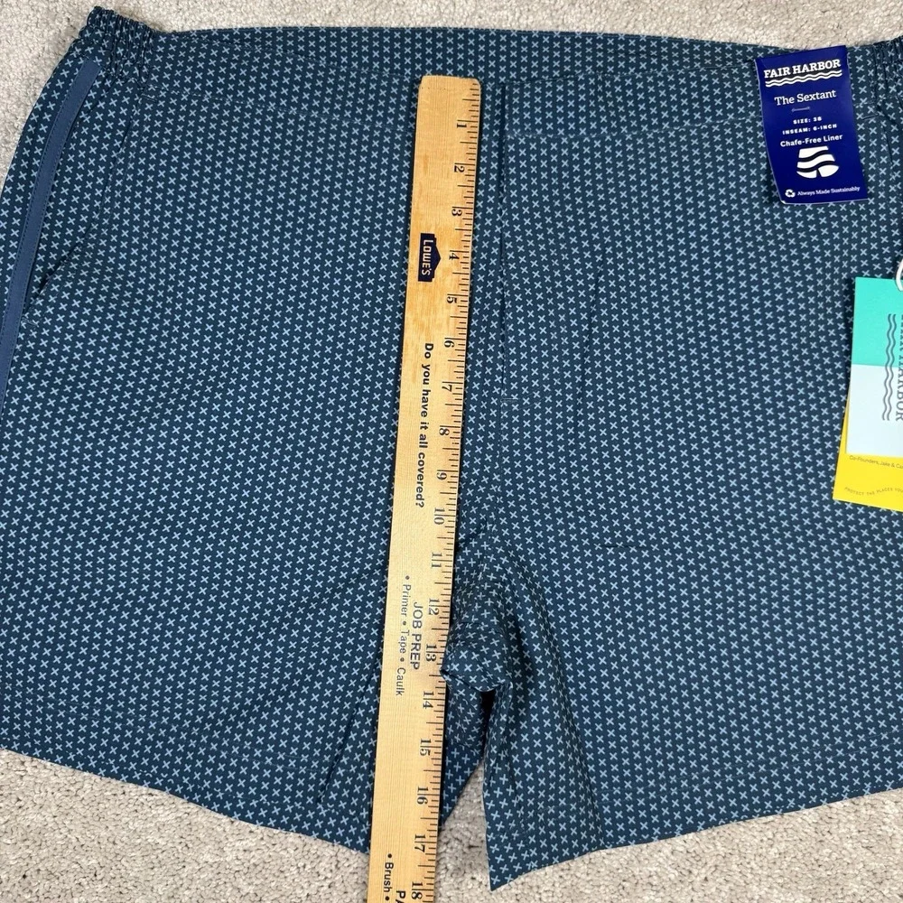 New Fair Harbor The Sextant Swim Shorts Mens Size 38‎ Blue Geometric Stretch NWT